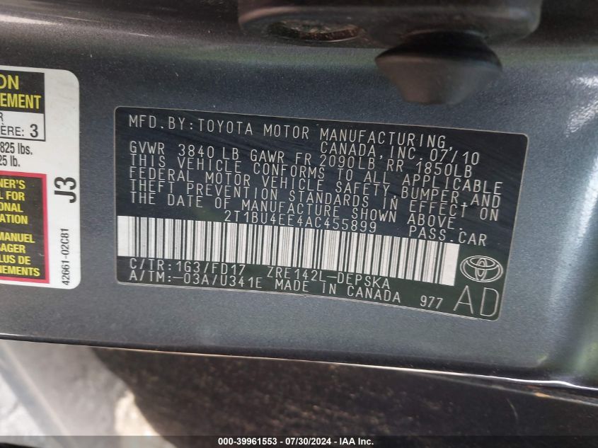 2010 Toyota Corolla S VIN: 2T1BU4EE4AC455899 Lot: 39961553