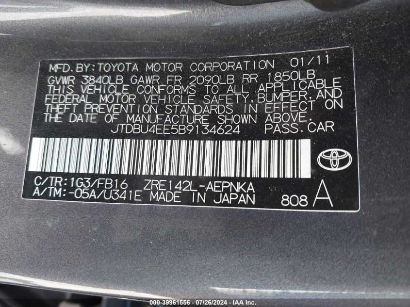 2011 Toyota Corolla Le VIN: JTDBU4EE5B9134624 Lot: 39961556