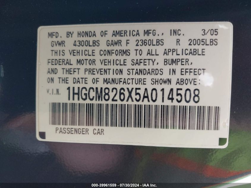 2005 Honda Accord Ex VIN: 1HGCM826X5A014508 Lot: 39961559