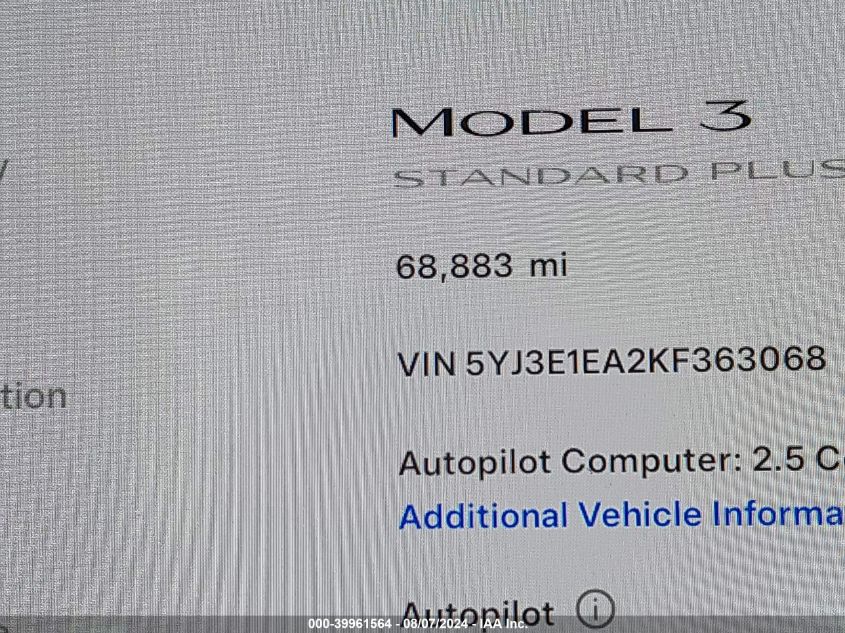 2019 Tesla Model 3 VIN: 5YJ3E1EA2KF363068 Lot: 39961564