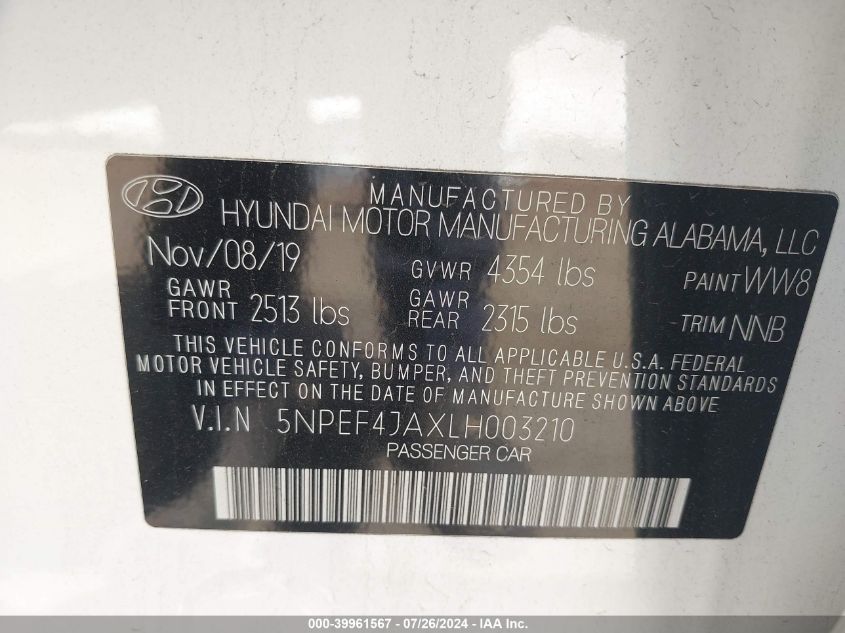 2020 Hyundai Sonata Sel VIN: 5NPEF4JAXLH003210 Lot: 39961567