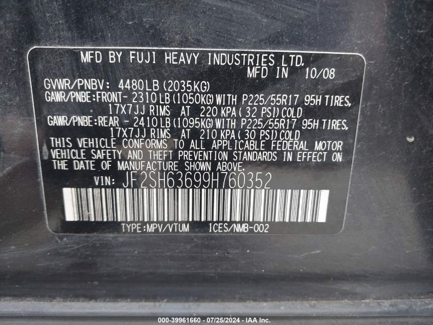 2009 Subaru Forester 2.5X VIN: JF2SH63699H760352 Lot: 39961660