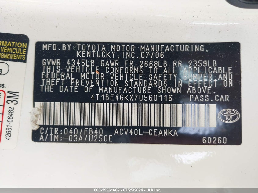 2007 Toyota Camry Le VIN: 4T1BE46KX7U560116 Lot: 39961662