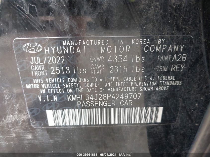 2023 Hyundai Sonata Limited VIN: KMHL34J28PA249707 Lot: 39961665