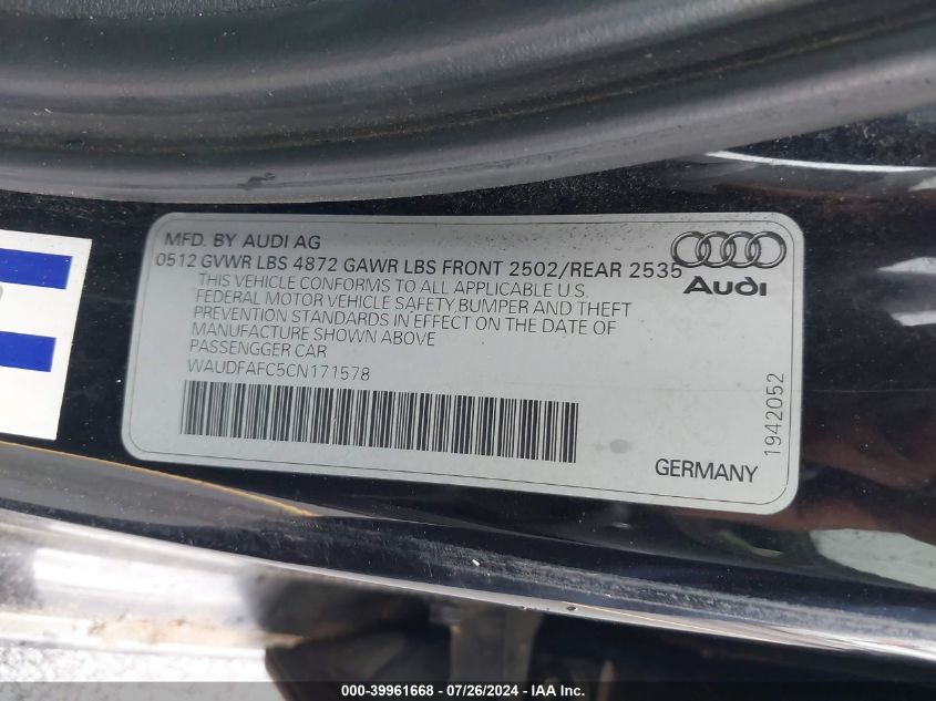 2012 Audi A6 2.0T Premium VIN: WAUDFAFC5CN171578 Lot: 39961668