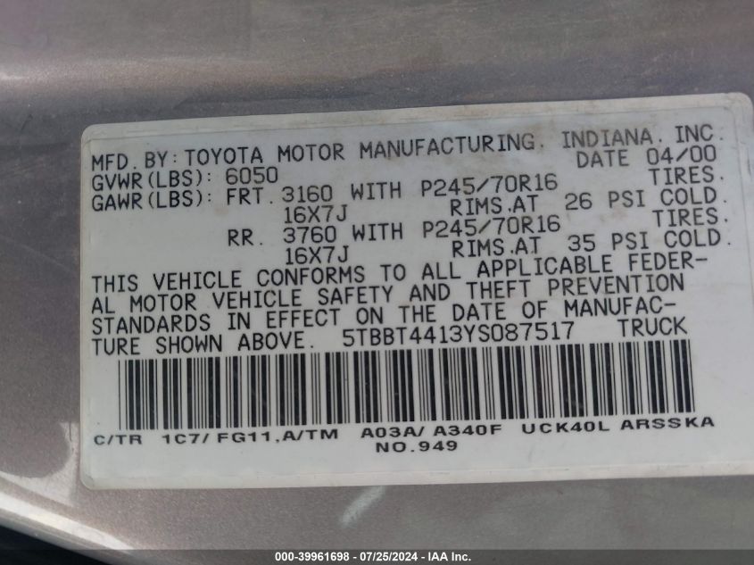 5TBBT4413YS087517 2000 Toyota Tundra Sr5 V8