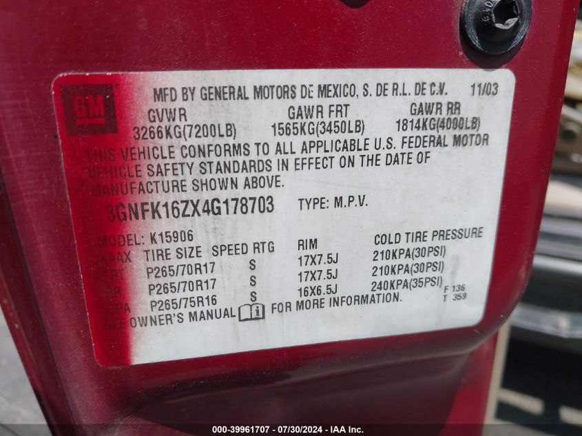 2004 Chevrolet Suburban 1500 Z71 VIN: 3GNFK16ZX4G178703 Lot: 39961707