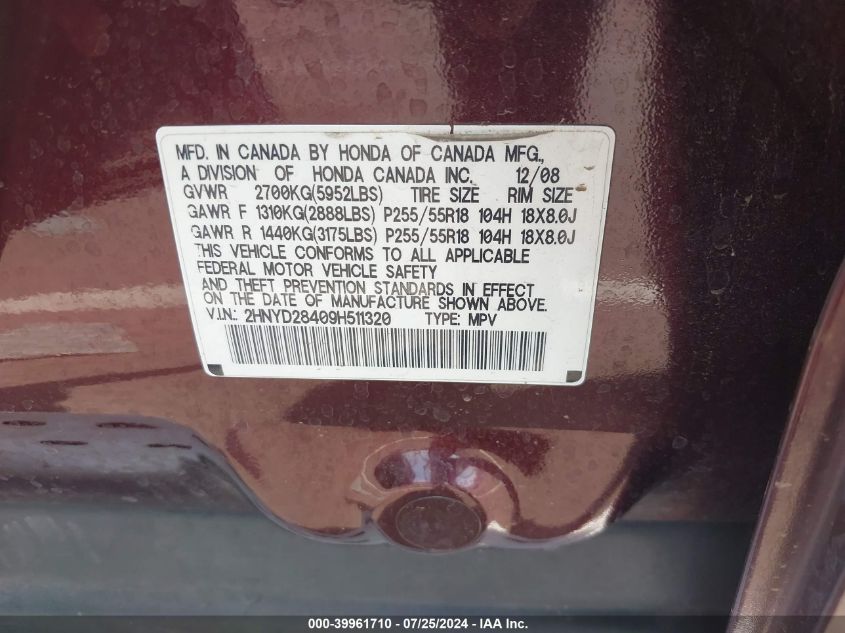 2009 Acura Mdx Technology Package VIN: 2HNYD28409H511320 Lot: 39961710