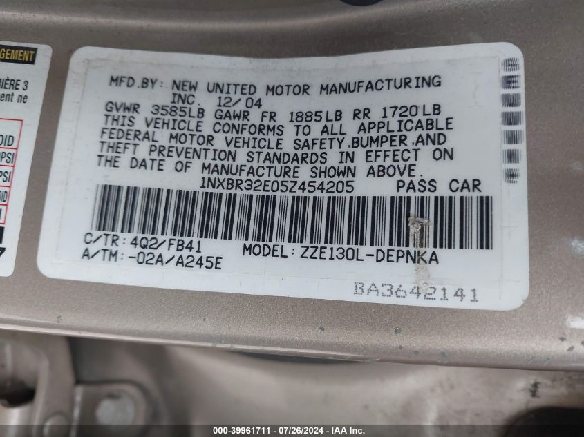 2005 Toyota Corolla Le VIN: 1NXBR32E05Z454205 Lot: 39961711