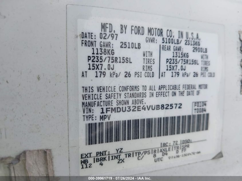1997 Ford Explorer VIN: 1FMDU32E4VUB82572 Lot: 39961719