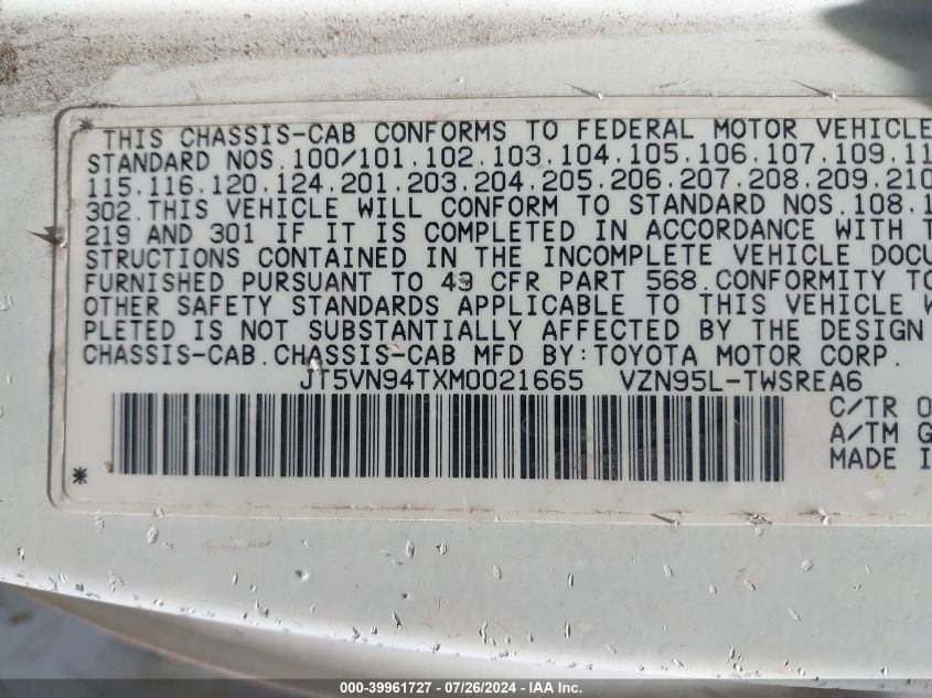 1991 Toyota Pickup Cab Chassis Super Long Wb VIN: JT5VN94TXM0021665 Lot: 39961727