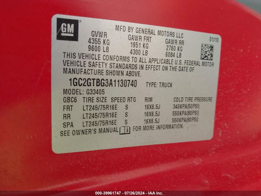 2010 Chevrolet Express 3500 Work Van VIN: 1GC2GTBG3A1130740 Lot: 39961747