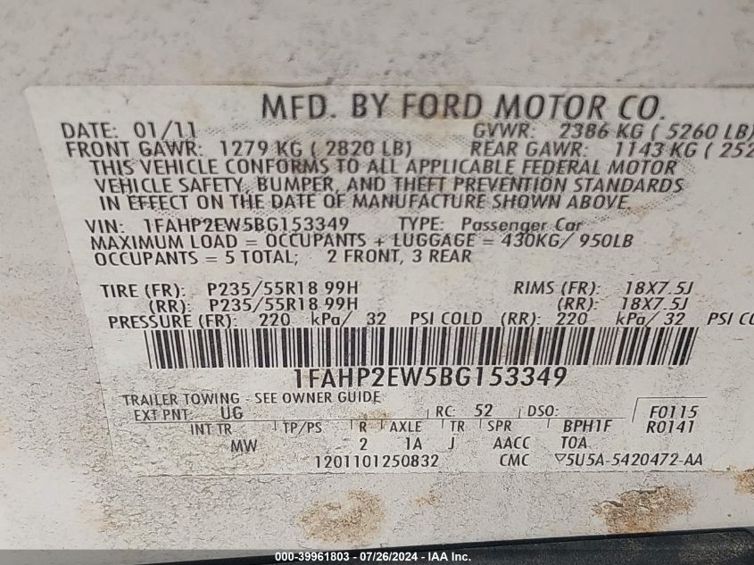 2011 Ford Taurus Sel VIN: 1FAHP2EW5BG153349 Lot: 39961803