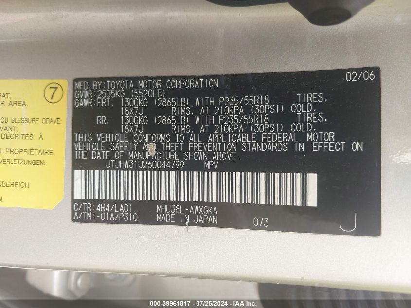 2006 Lexus Rx 400H 400 VIN: JTJHW31U260044799 Lot: 39961817