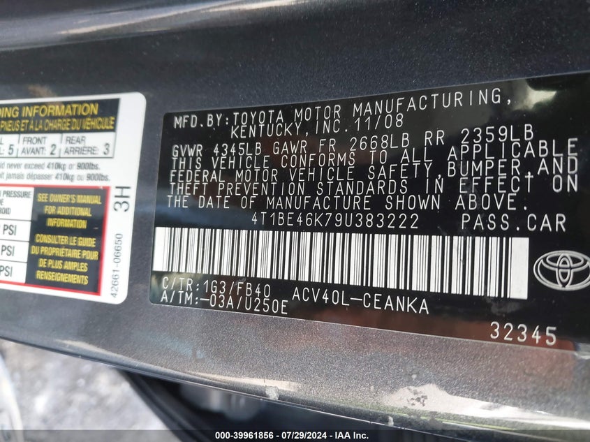 2009 Toyota Camry Le VIN: 4T1BE46K79U383222 Lot: 39961856