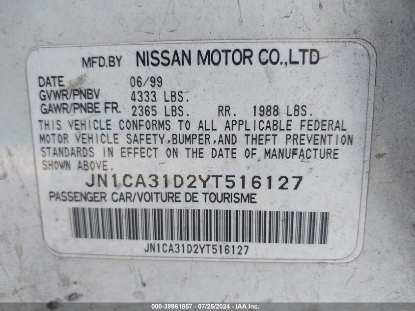 2000 Nissan Maxima Gle/Gxe/Se VIN: JN1CA31D2YT516127 Lot: 39961857