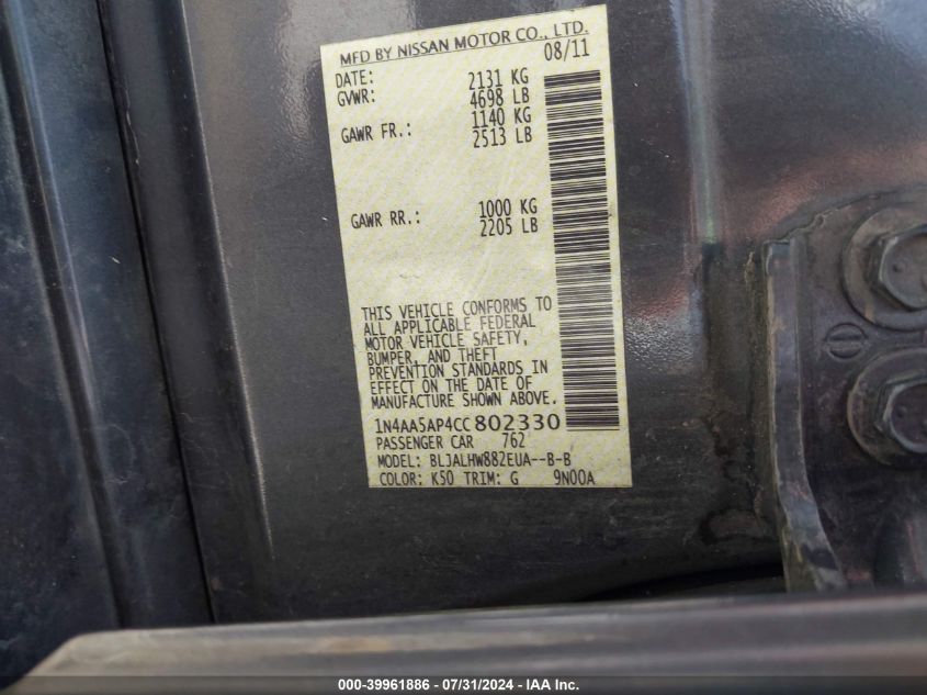 2012 Nissan Maxima 3.5 Sv VIN: 1N4AA5AP4CC802330 Lot: 39961886