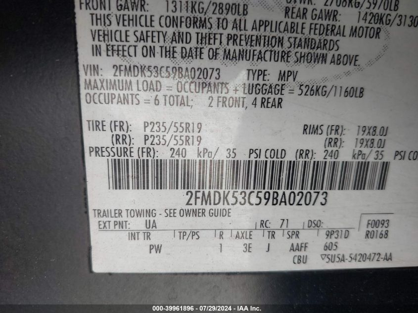 2009 Ford Flex Limited VIN: 2FMDK53C59BA02073 Lot: 39961896