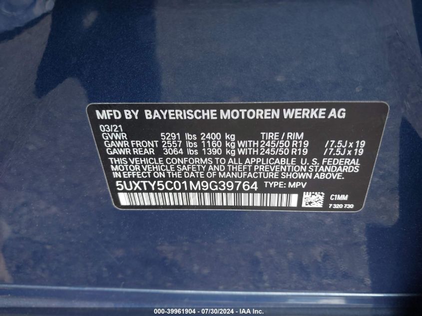 2021 BMW X3 xDrive30I VIN: 5UXTY5C01M9G39764 Lot: 39961904