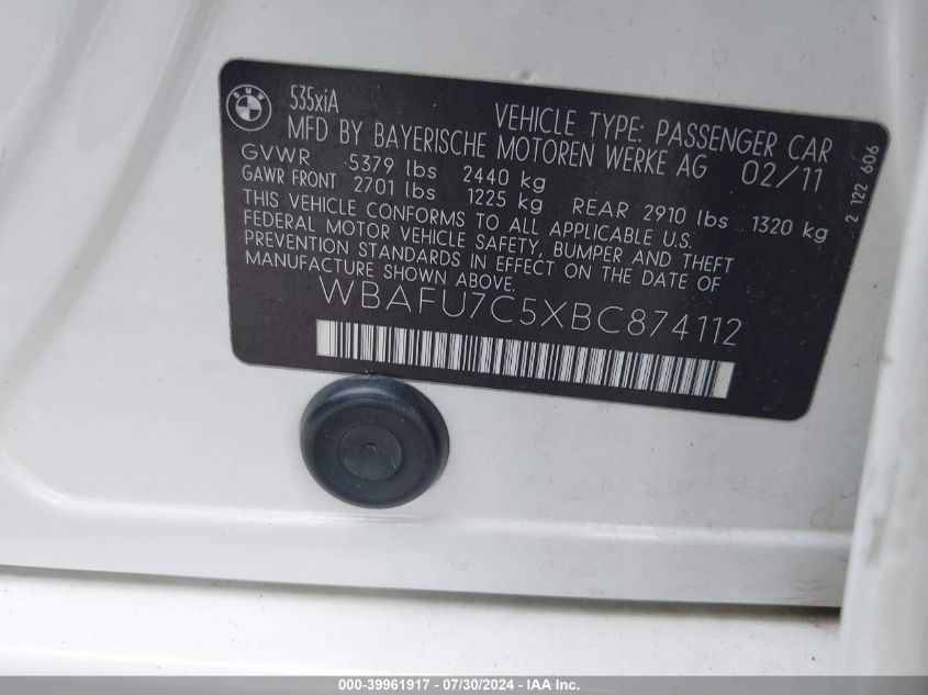 2011 BMW 535I xDrive VIN: WBAFU7C5XBC874112 Lot: 39961917
