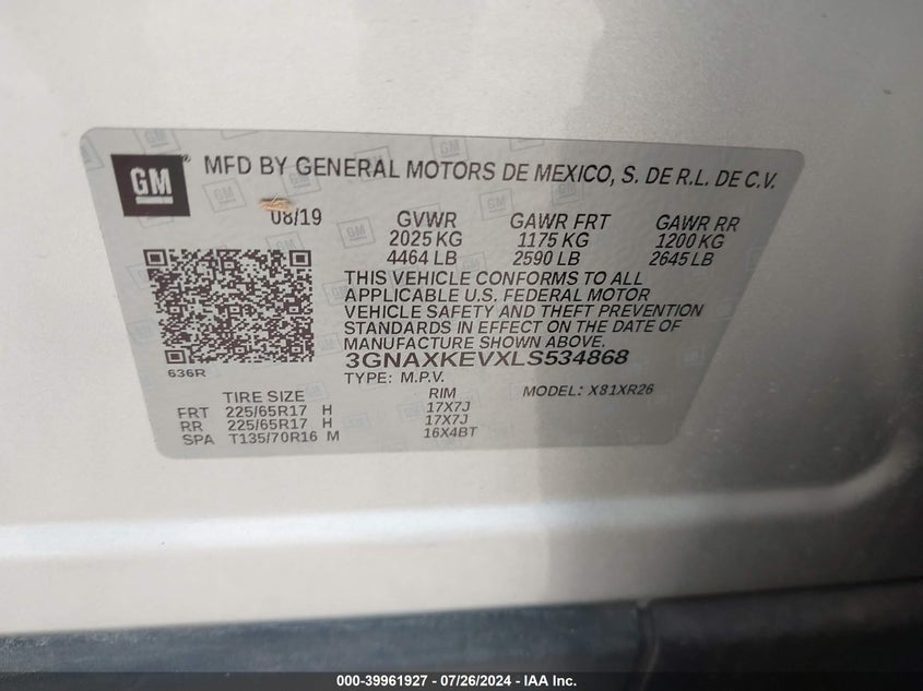 2020 CHEVROLET EQUINOX FWD LT 1.5L TURBO - 3GNAXKEVXLS534868