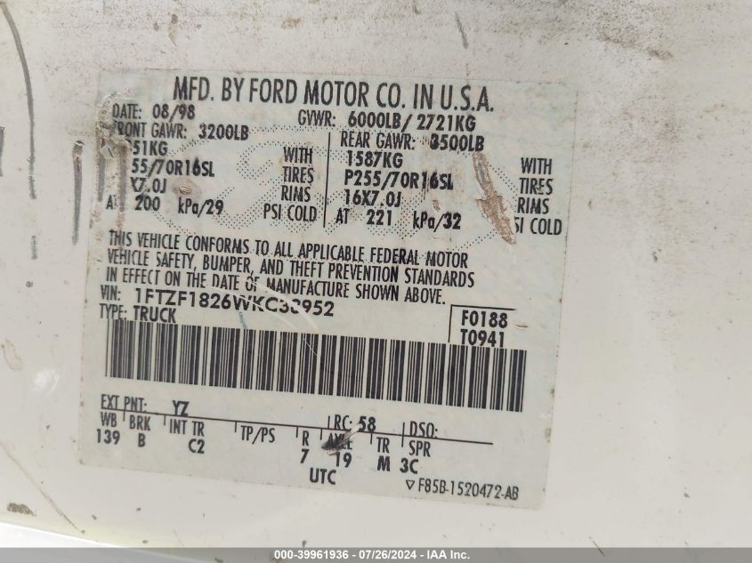 1998 Ford F-150 Standard/Xl/Xlt VIN: 1FTZF1826WKC38952 Lot: 39961936