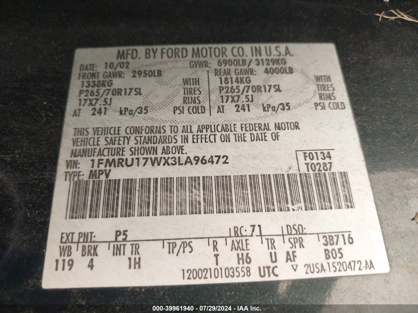 2003 Ford Expedition Eddie Bauer VIN: 1FMRU17WX3LA96472 Lot: 39961940