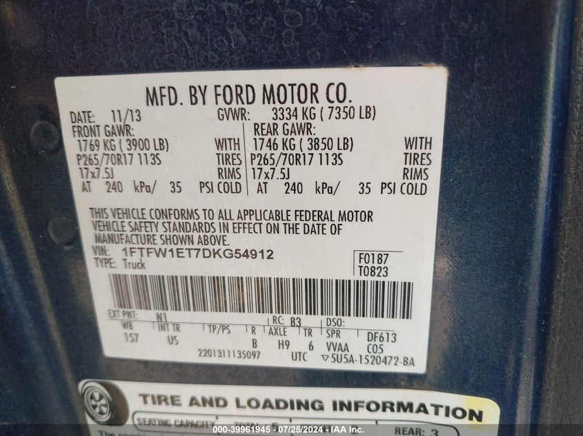 2013 Ford F-150 Xl VIN: 1FTFW1ET7DKG54912 Lot: 39961945