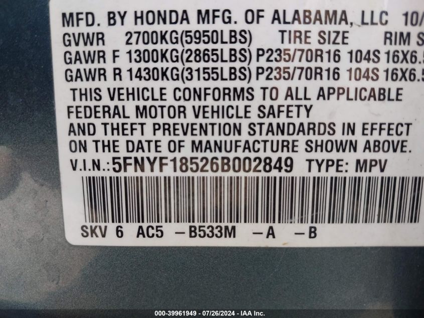 2006 Honda Pilot Ex-L VIN: 5FNYF18526B002849 Lot: 39961949