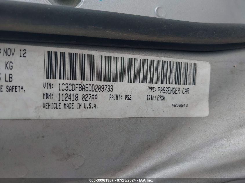 2013 Dodge Dart Sxt VIN: 1C3CDFBA5DD209733 Lot: 39961967