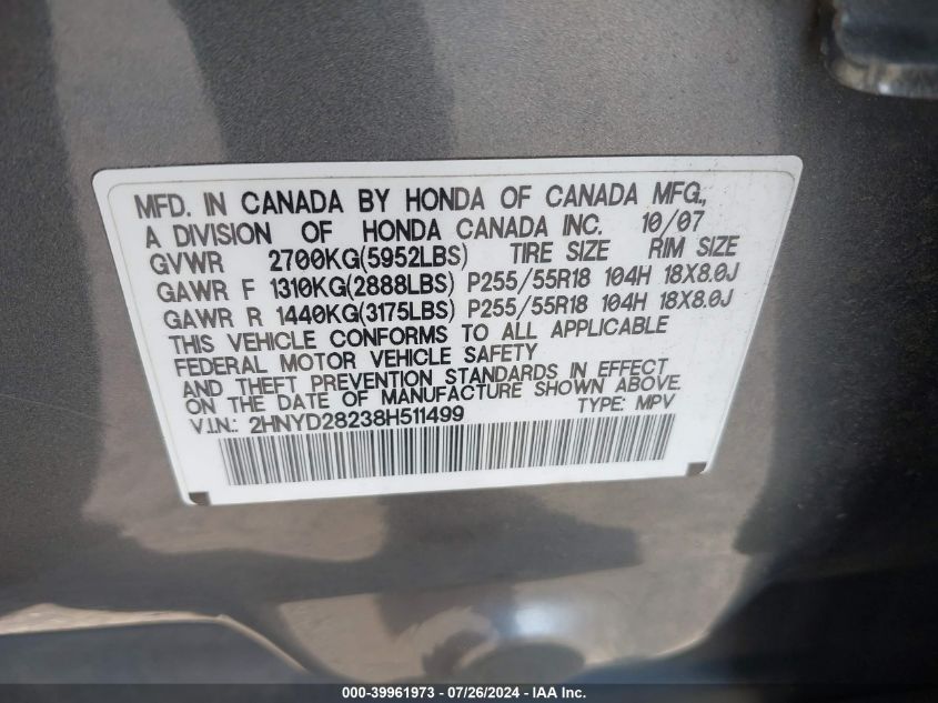 2008 Acura Mdx VIN: 2HNYD28238H511499 Lot: 39961973