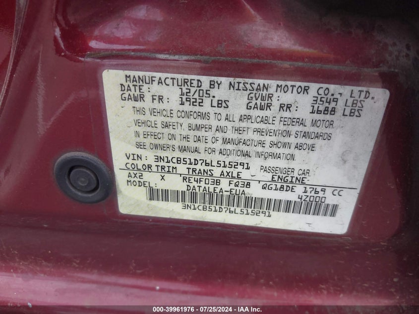 2006 Nissan Sentra 1.8S VIN: 3N1CB51D76L515291 Lot: 39961976
