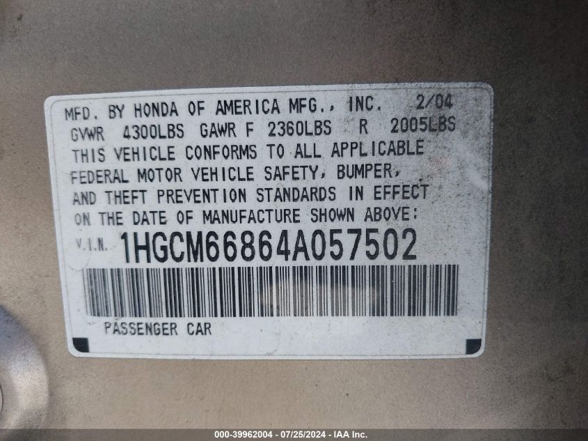 2004 Honda Accord Ex VIN: 1HGCM66864A057502 Lot: 39962004