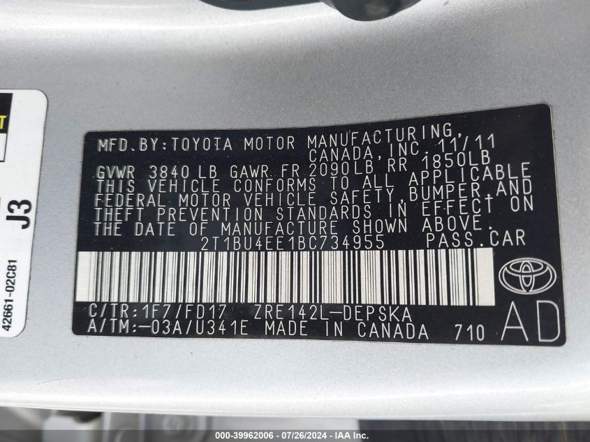 2011 Toyota Corolla S/Le VIN: 2T1BU4EE1BC734955 Lot: 39962006