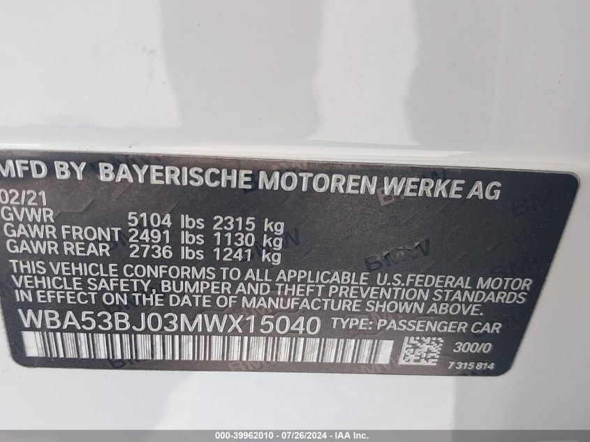 2021 BMW 540I VIN: WBA53BJ03MWX15040 Lot: 39962010