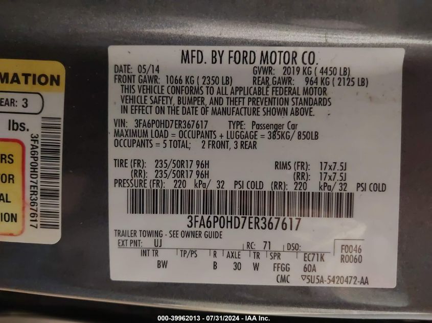 2014 Ford Fusion Se VIN: 3FA6P0HD7ER367617 Lot: 39962013