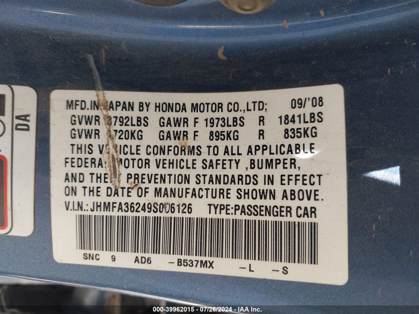 2009 Honda Civic Hybrid VIN: JHMFA36249S006126 Lot: 39962015