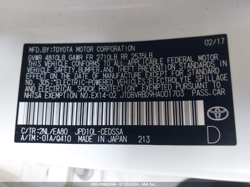 2017 Toyota Mirai VIN: JTDBVRBD9HA001703 Lot: 39962044