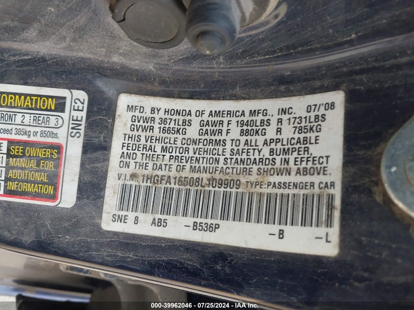 2008 Honda Civic Sdn Lx VIN: 1HGFA16508L109909 Lot: 39962046