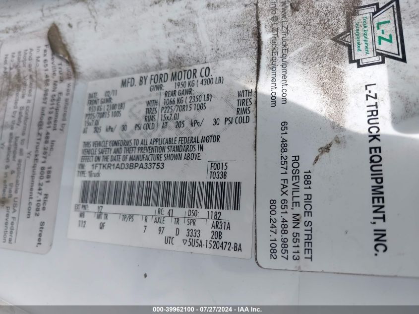 2011 Ford Ranger Xl VIN: 1FTKR1AD3BPA33753 Lot: 39962100