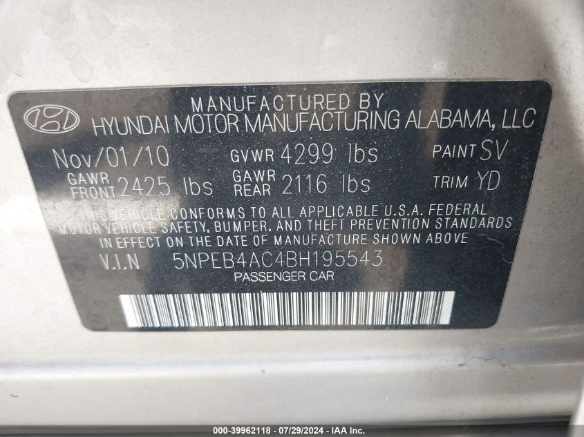 5NPEB4AC4BH195543 2011 Hyundai Sonata Gls