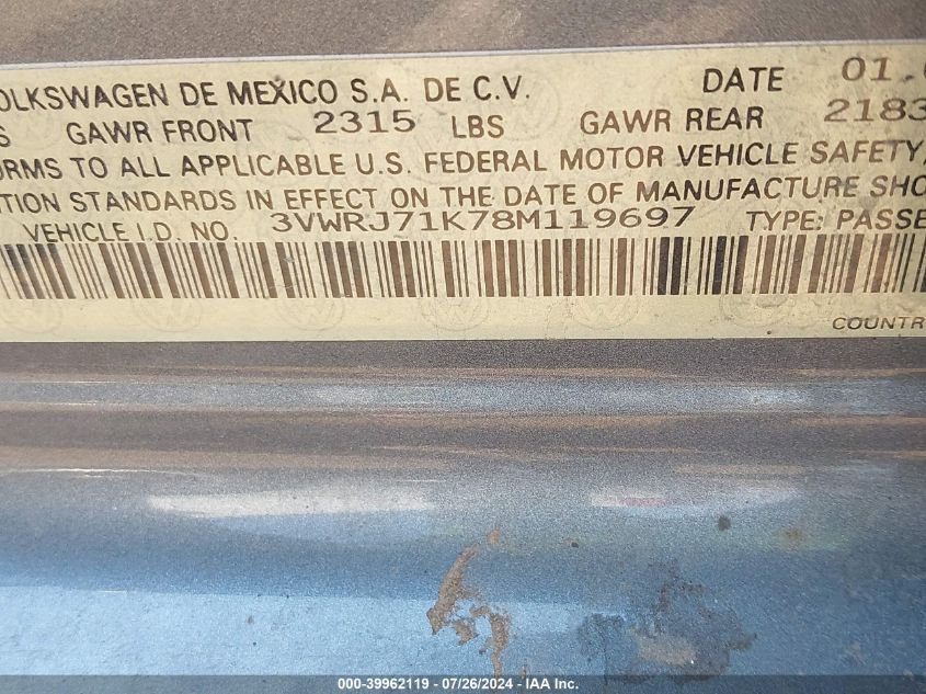 2008 Volkswagen Jetta Wolfsburg Edition VIN: 3VWRJ71K78M119697 Lot: 39962119