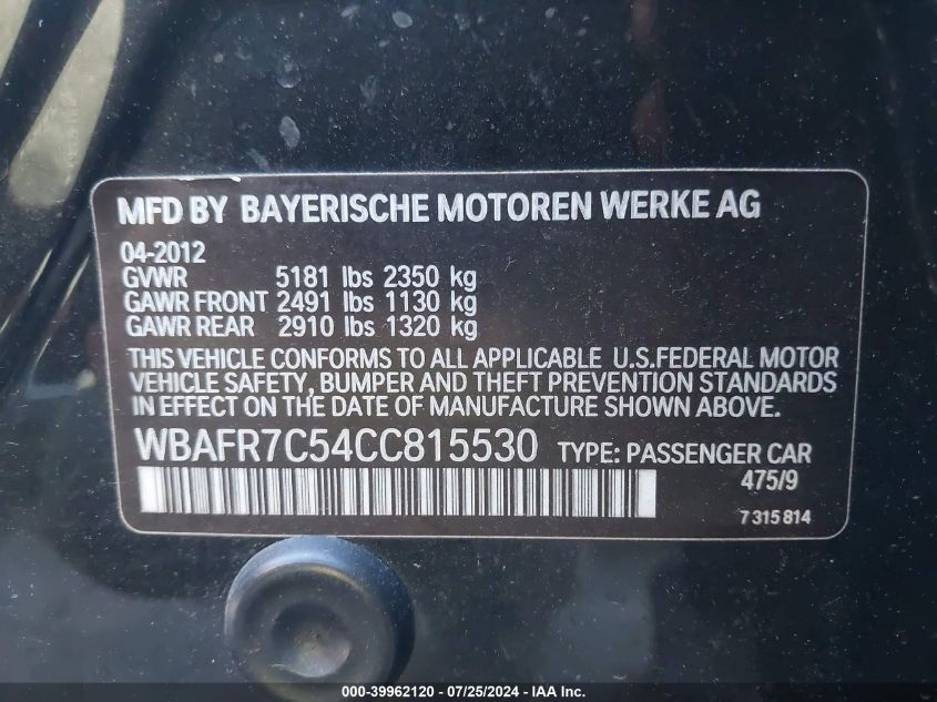 2012 BMW 535 I VIN: WBAFR7C54CC815530 Lot: 39962120
