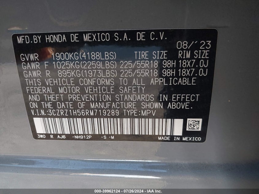 2024 Honda Hr-V 2Wd Sport/2Wd Sport W/O Bsi VIN: 3CZRZ1H56RM719289 Lot: 39962124