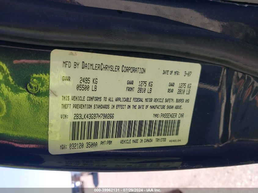 2007 Dodge Charger Se/Sxt VIN: 2B3LK43G978790266 Lot: 39962131