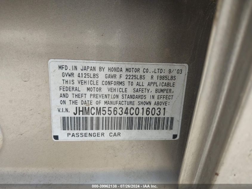 2004 Honda Accord 2.4 Ex VIN: JHMCM55634C016031 Lot: 39962138