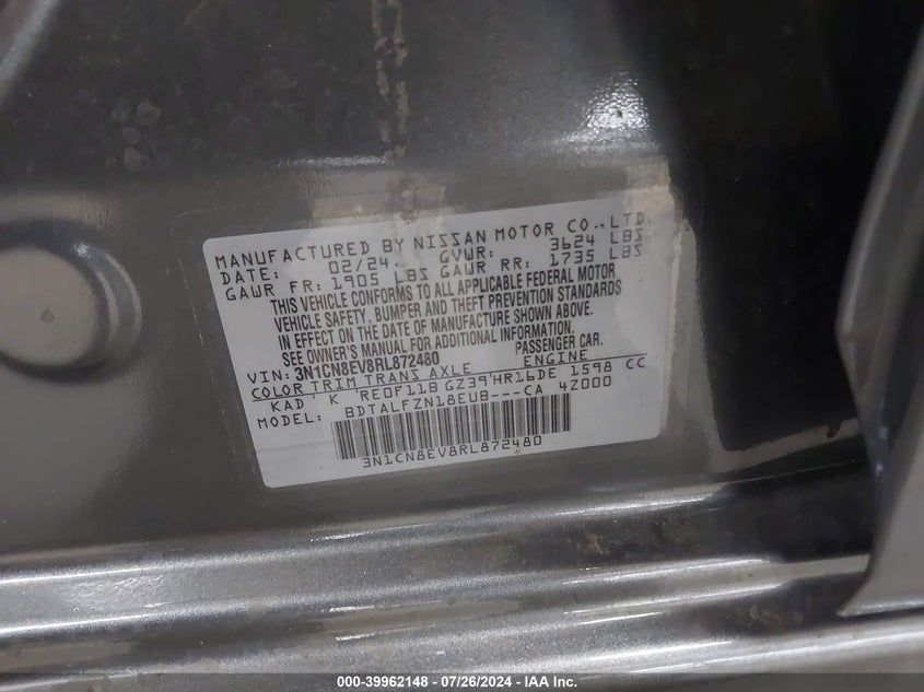 2024 Nissan Versa 1.6 Sv VIN: 3N1CN8EV8RL872480 Lot: 39962148