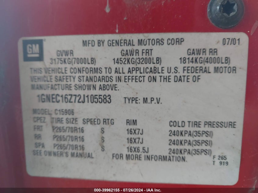 2002 Chevrolet Suburban 1500 Lt VIN: 1GNEC16Z72J105583 Lot: 39962155