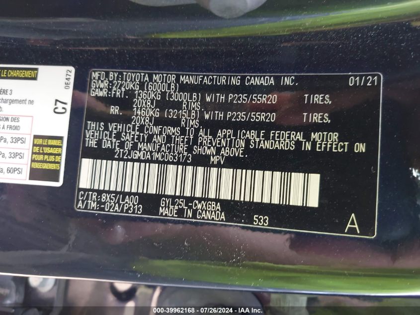 2021 Lexus Rx 450H VIN: 2T2JGMDA1MC063173 Lot: 39962168