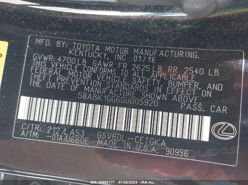 2016 Lexus Es 350 VIN: 58ABK1GG6GU005920 Lot: 39962177